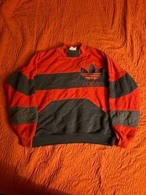 Vintage 80s Adidas Trefoil Spellout Striped Mock Neck Sweatshirt Red/Grey